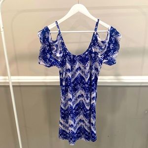 Venus Blue and White Spaghetti Strap Dress Off the Shoulder Sleeves Size Small